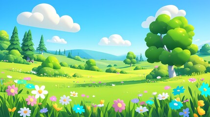 Naklejka premium cartoon spring green grass blue sky flowers illustration poster background