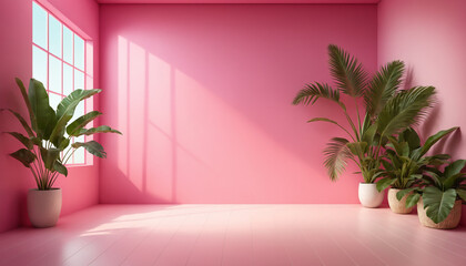 Abstract pink gradient studio background for product presentation. The room is empty with window shadows, flowers and palm leaves. 3D room with copy space. Summer concert. Blurred background.
