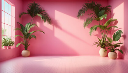 Abstract pink gradient studio background for product presentation. The room is empty with window shadows, flowers and palm leaves. 3D room with copy space. Summer concert. Blurred background.