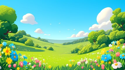 cartoon spring green grass blue sky flowers illustration poster background