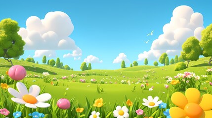 Naklejka premium cartoon spring green grass blue sky flowers illustration poster background