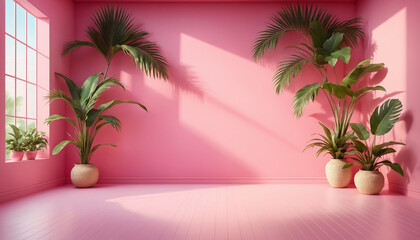 Abstract pink gradient studio background for product presentation. The room is empty with window shadows, flowers and palm leaves. 3D room with copy space. Summer concert. Blurred background.