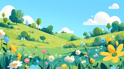 cartoon spring green grass blue sky flowers illustration poster background