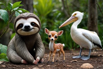 Fototapeta premium Adorable Miniature Cartoon Animals in Nature Featuring Sloth Fawn and Pelican