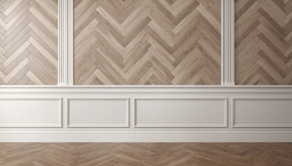 Classic interior wall with moldings, Digital illustration 3d rendering, Herringbone parquet wallpaper, letest