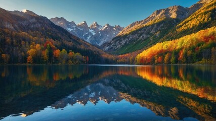 A beautiful scenery mountain landscape and colorful reflections shimmering on the lake generated by ai