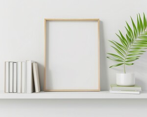 Blank wooden frame mockup with books and a plant on a white shelf