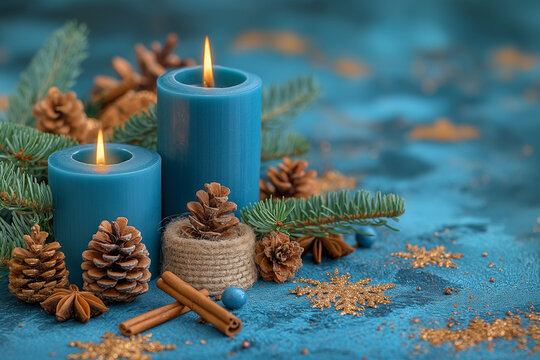 松ぼっくりとシナモンスティックに囲まれた灯されたキャンドル