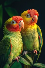 Fototapeta premium Two Colorful Parrots Sitting on Branch in Lush Greenery with Vibrant Feathers and Striking Red Heads Against Dark Background