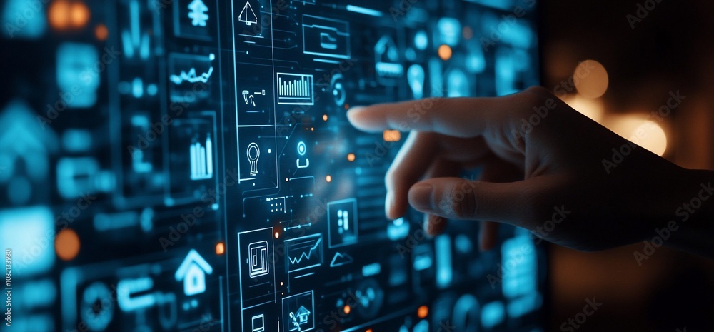 Poster A hand reaches out to touch a digital interface filled with data and icons, representing modern technology and innovation.