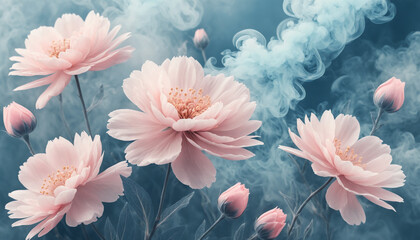 Floral background with pastel pink flowers in blue smoke. Digital art for poster, flyer and banner design. Soft textures and bright colors.