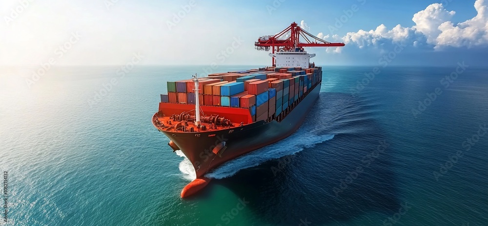 Poster a large container ship sails across a calm blue ocean, carrying a cargo of containers, under a cloud
