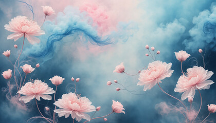 Floral background with pastel pink flowers in blue smoke. Digital art for poster, flyer and banner design. Soft textures and bright colors.