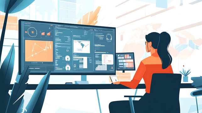 A female IT specialist conducting a cybersecurity workshop with interactive elements on screen 