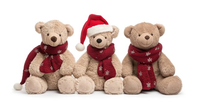 Three Teddy Bears Dressed in Santa Hats and Scarves Sitting on White Background