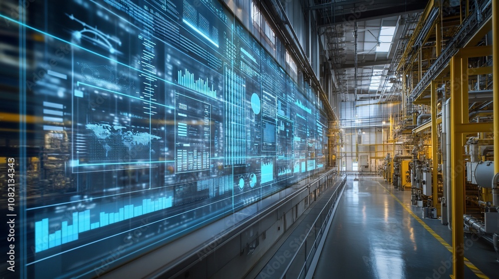 Aufkleber A large digital display with data visualizations, graphs, and charts is shown in a modern factory setting.