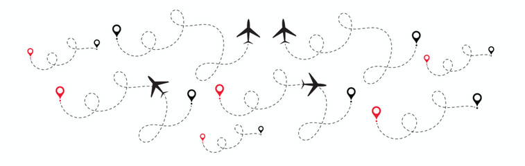 Airplane Plane Dotted Line. plane routes dotted paths aircraft travel route start point Flight route with start point and dash line trace for plane isolated vector illustration 4