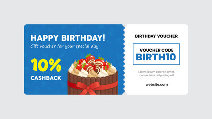 Birthday gift voucher card design. 10% cashback coupon promotion with birthday cake artwork background vector illustration.