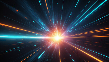 Futuristic data flow. Explosion effect. Sci-fi Motion wallpaper. Neon Glowing Rays in Motion. Hyper Speed Space Travel Concept.