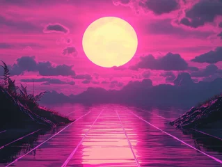 Fotobehang Surreal landscape featuring a large glowing sun above a tranquil water surface reflecting vibrant pink and purple hues, surrounded by distant mountains and dramatic clouds © Asman