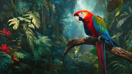 A Scarlet Macaw Perched on a Branch in a Lush Tropical Rainforest