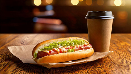 Hot dog and coffee with a zigzag of mustard on a wooden table