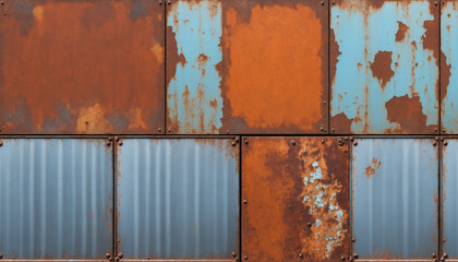 Processed collage of old rusty metal sheet texture in daylight. Background for banner, backdrop or texture for 3D mapping