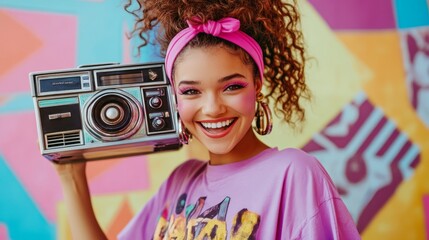 A young woman with curly hair and a pink headband smiles happily while holding a retro boombox in front of a colorful wall.