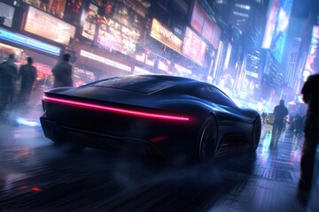 Futuristic car racing through neon city times square digital art urban environment rear view high-tech concept