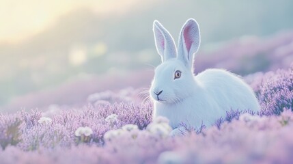 Fototapeta premium Serene White Rabbit Sitting in a Lavender Field During Sunset, Adorned by Beautiful Wildflowers, Exuding a Calm and Peaceful Atmosphere in Nature