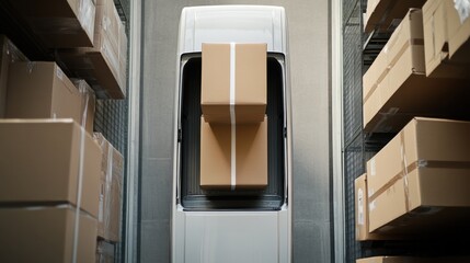 Obraz premium Efficient Package Loading: Loading Packages into Cargo Van at Distribution Center, Highlighting Logistics and Organization in Busy Distribution Environment