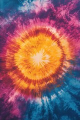 Fototapeta premium Vibrant Tie-Dye Pattern with Bright Yellow Center Surrounded by Purple, Pink, and Blue Swirls Perfect for Craft Projects and Backgrounds