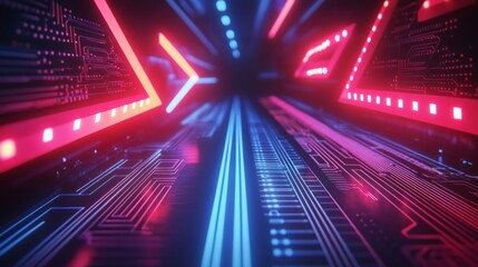 Fototapeta premium Abstract digital tunnel with glowing neon lights and circuit board patterns.