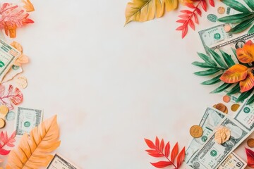 Tropical leaves and bills scatter across the sand, blending nature with wealth in soft watercolor tones