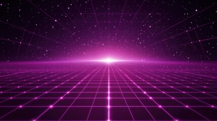 Futuristic Cosmic Landscape with Vibrant Purple Grids and Distant Stars Capturing a Retro Aesthetic of Digital Environments in Space and Time