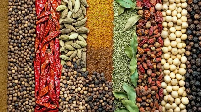 A colorful array of spices, herbs, and dried peppers arranged in a row