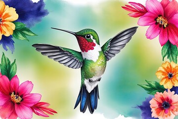Obraz premium Enchanting Hummingbird Dancing Among Colorful Watercolor Flowers
