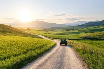 Naklejka premium Driving through lush green fields rural landscape nature scene serene environment scenic viewpoint tranquility concept