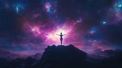 Silhouette against a cosmic backdrop of vibrant colors.