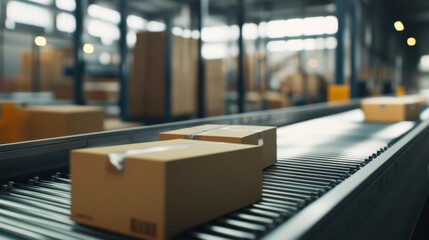 Large-Scale Logistics Efficiency: Package Being Loaded onto Conveyor Belt at Distribution Center, Showcasing Speed and Efficiency in Package Handling Operations