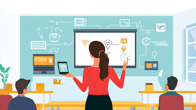 A woman explaining IoT connectivity with visual aids and props in a smart classroom environment 