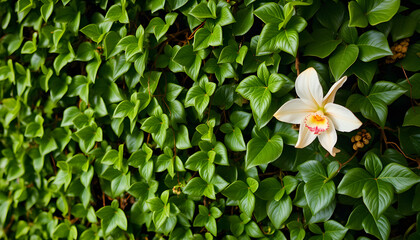 Fototapeta premium Green creeper plant, fern, orchid, vine or ivy and leaves wall for background in vintage tone. Natural wallpaper or Nature pattern. Freshness season, collage style