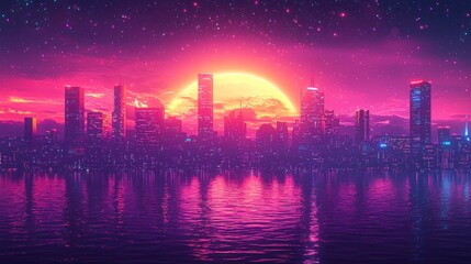 Neon Sunset Over a Cityscape with Reflection in Water, Featuring Towers and Skyscrapers Under Starry Sky at Dusk with Vibrant Colors and Dreamlike Atmosphere