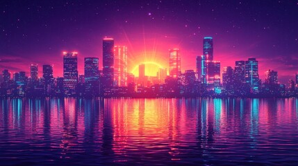 Fototapeta premium Vibrant Sunset Over Modern City Skyline Reflected on Calm Water Creating a Stunning Neon-Inspired Evening Atmosphere with Colorful Lights