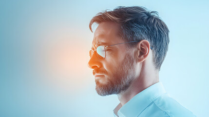 Businessman wearing glasses in a suit with a serious expression, stressed from financial pressure and burnout, depicted under dramatic red lighting to symbolize workplace tension, economic crisis.
