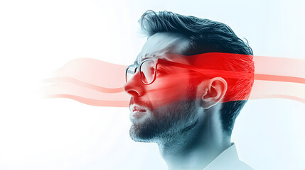 Businessman wearing glasses in a suit with a serious expression, stressed from financial pressure and burnout, depicted under dramatic red lighting to symbolize workplace tension, economic crisis.