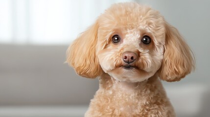 A cheerful brown poodle enjoying the comfort of a cozy living room with its food bowl nearby and a friendly demeanor