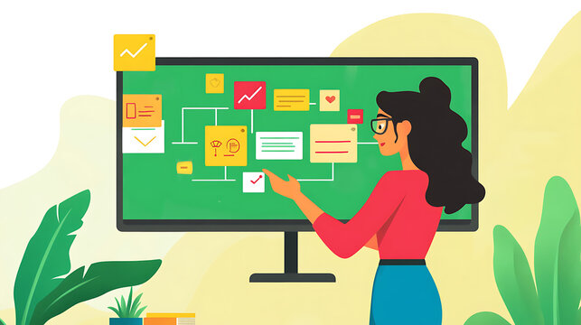 A woman teaching software development frameworks with colorful flowcharts on a smartboard 