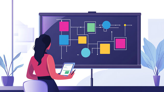 A woman teaching software development frameworks with colorful flowcharts on a smartboard 