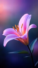 Fototapeta premium Beautiful pink lily blooms softly in the morning light against a gentle blurred background